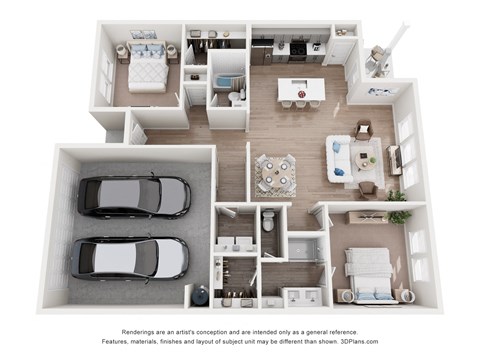 A 3D floor plan of a house with two bedrooms, two bathrooms, a living room, a kitchen, and a garage.
